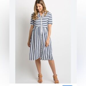 Roolee Maternity Navy and White Striped Button-Front Dress size Small